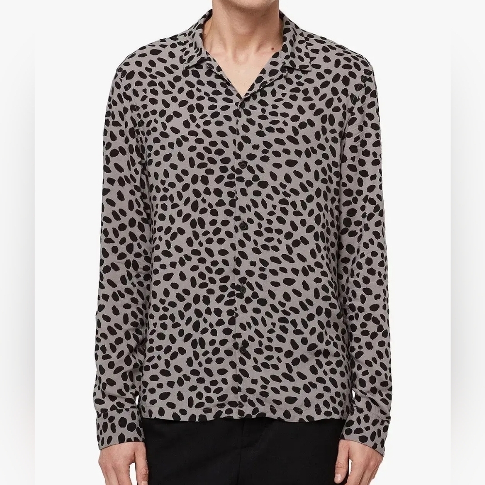 All Saints PIERO LS Cheetsh Printed Long Sleeve Button Down Shirt Size Medium
